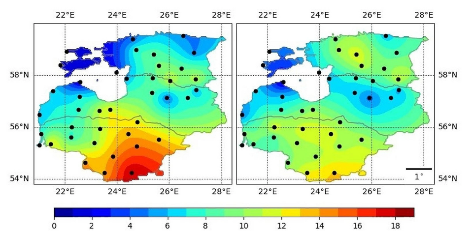 Joonis 2. Aasta keskmine kuumapäevade (>27°C) arv (vasakul) ja nende muutus trendi järgi päevades perioodil 1951–2021 (paremal)